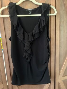 White House Black Market Black Ruffled V-Neck Shell Top SIZE MEDIUM